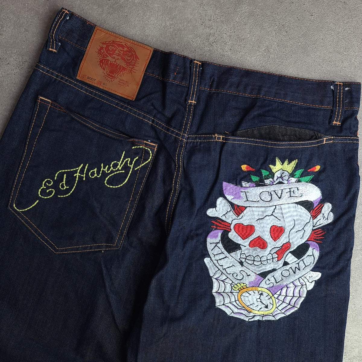 Y2K Ed Hardy 'Love Kills Slowly' Embroidered Dark Wash Jeans