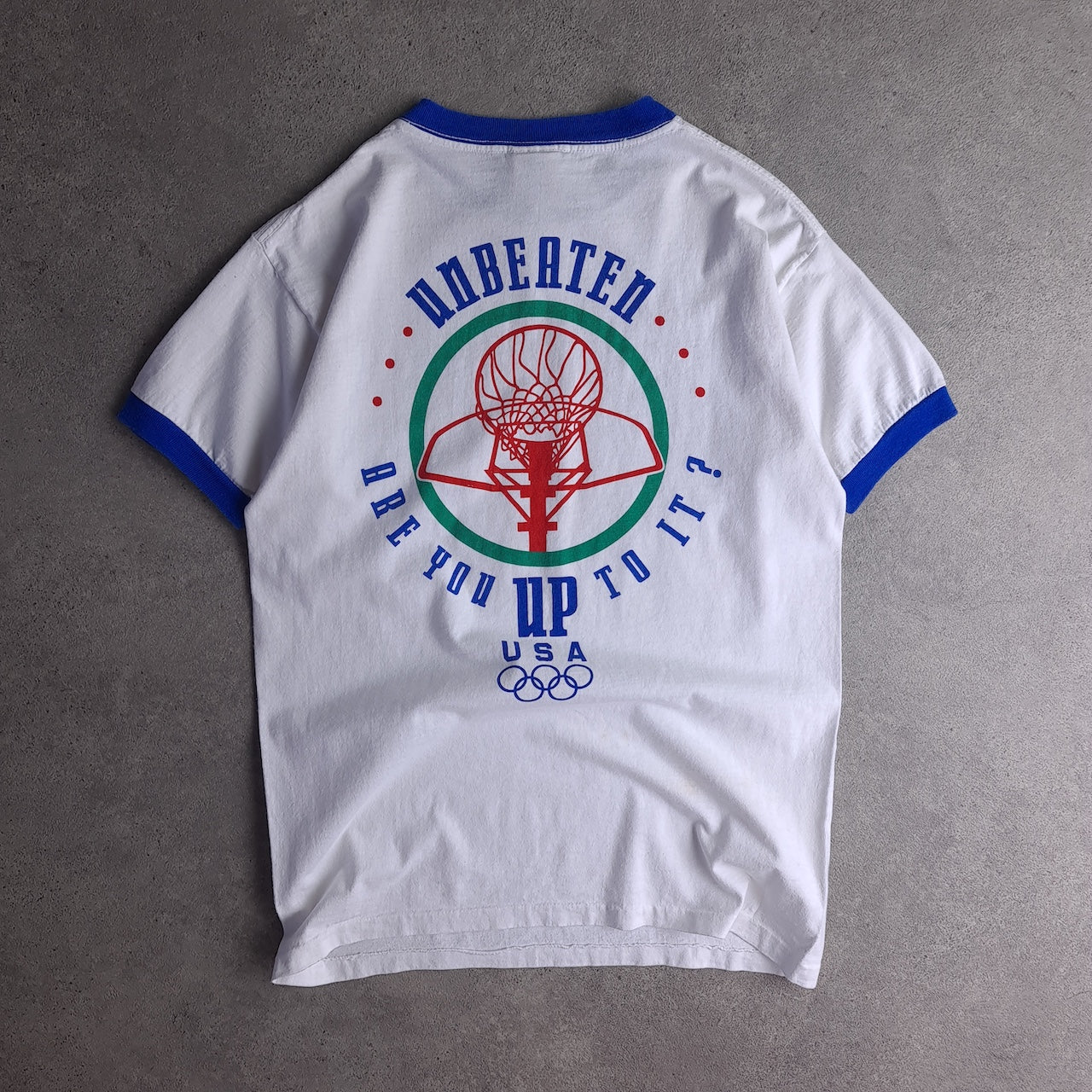 Rare Vintage USA Olympic Unbeaten Are You Up For It Back Print T-Shirt