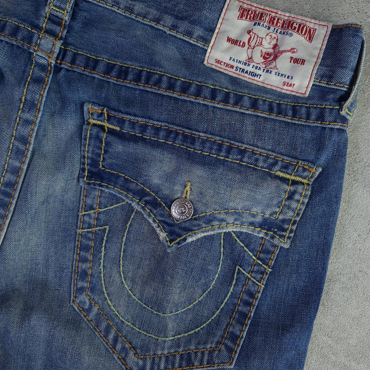 Y2K True Religion Big T Frayed Straight Jeans