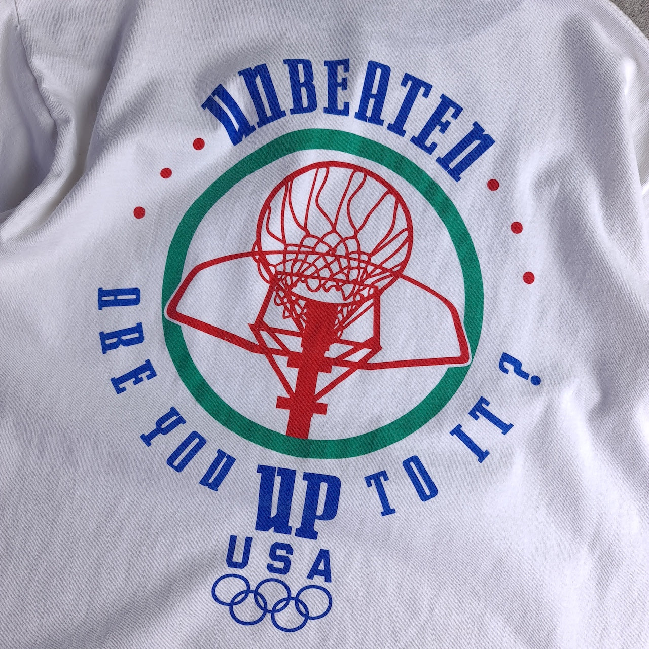Rare Vintage USA Olympic Unbeaten Are You Up For It Back Print T-Shirt