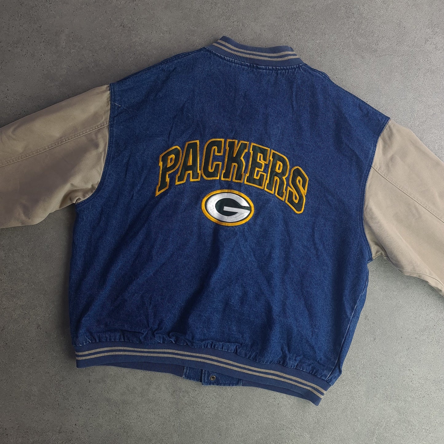 Vintage Lee Packers Miller Denim Varsity Jacket