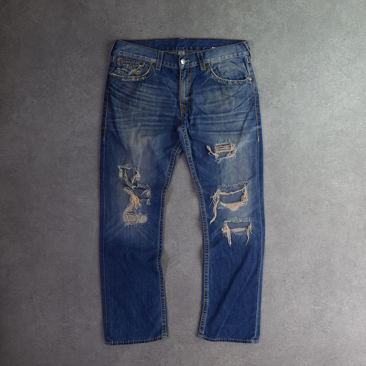 Y2K True Religion Big T Frayed Straight Jeans
