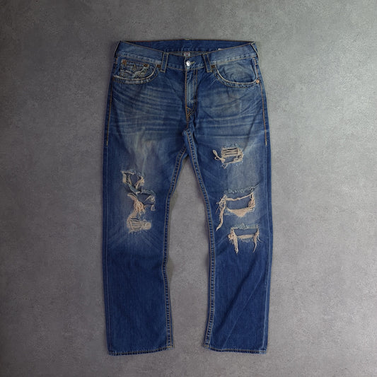 Y2K True Religion Big T Frayed Straight Jeans