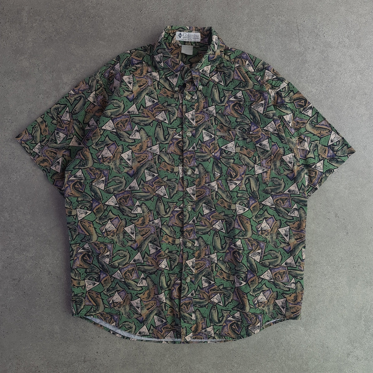 Vintage Columbia Short Sleeve Fishing Patterned Shirt